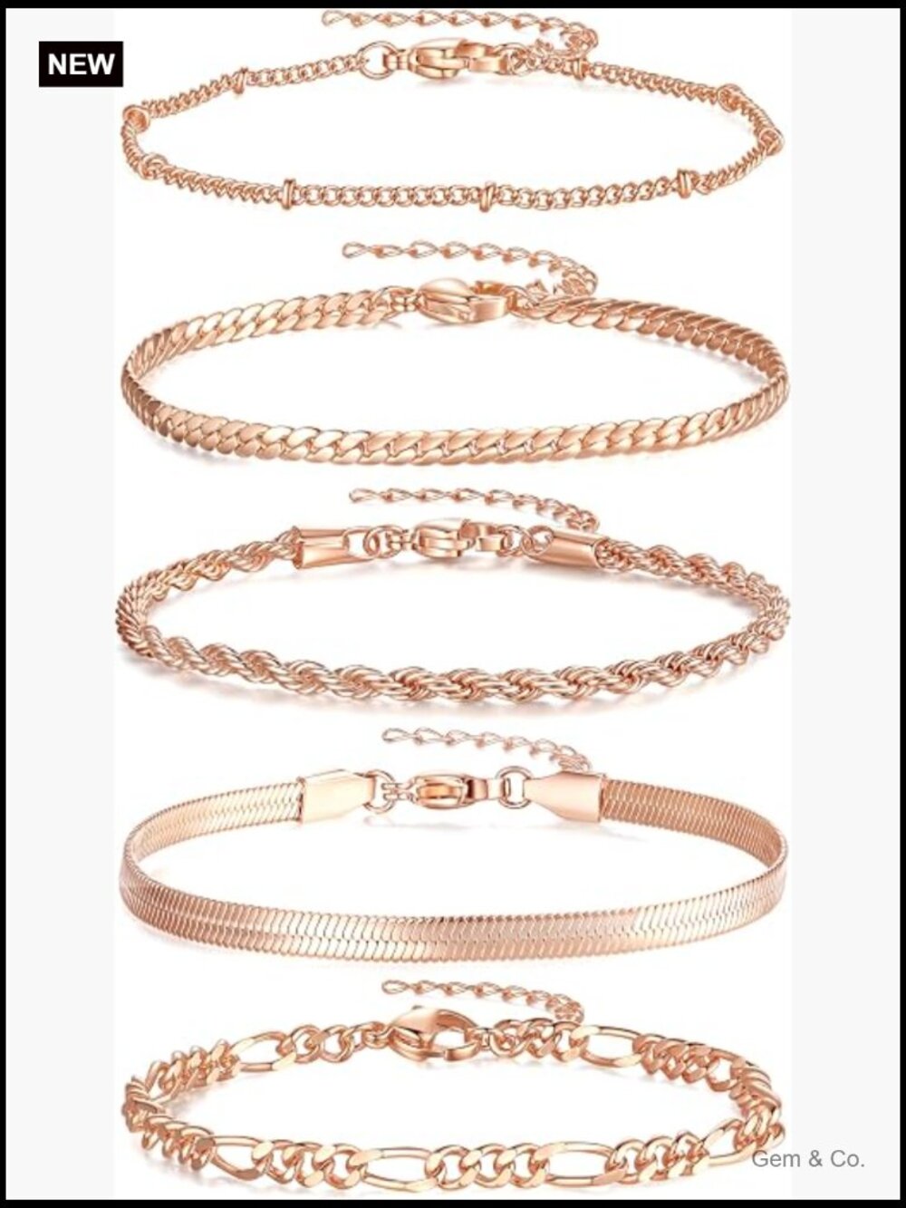 Dainty Stackable Bracelet Set Paperclip Cuban Link Chain 5 Pack